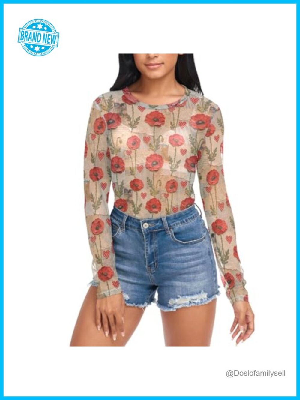 Sheer Ice Silk Mesh Long Sleeve Blouse Crew Neck Layering Top